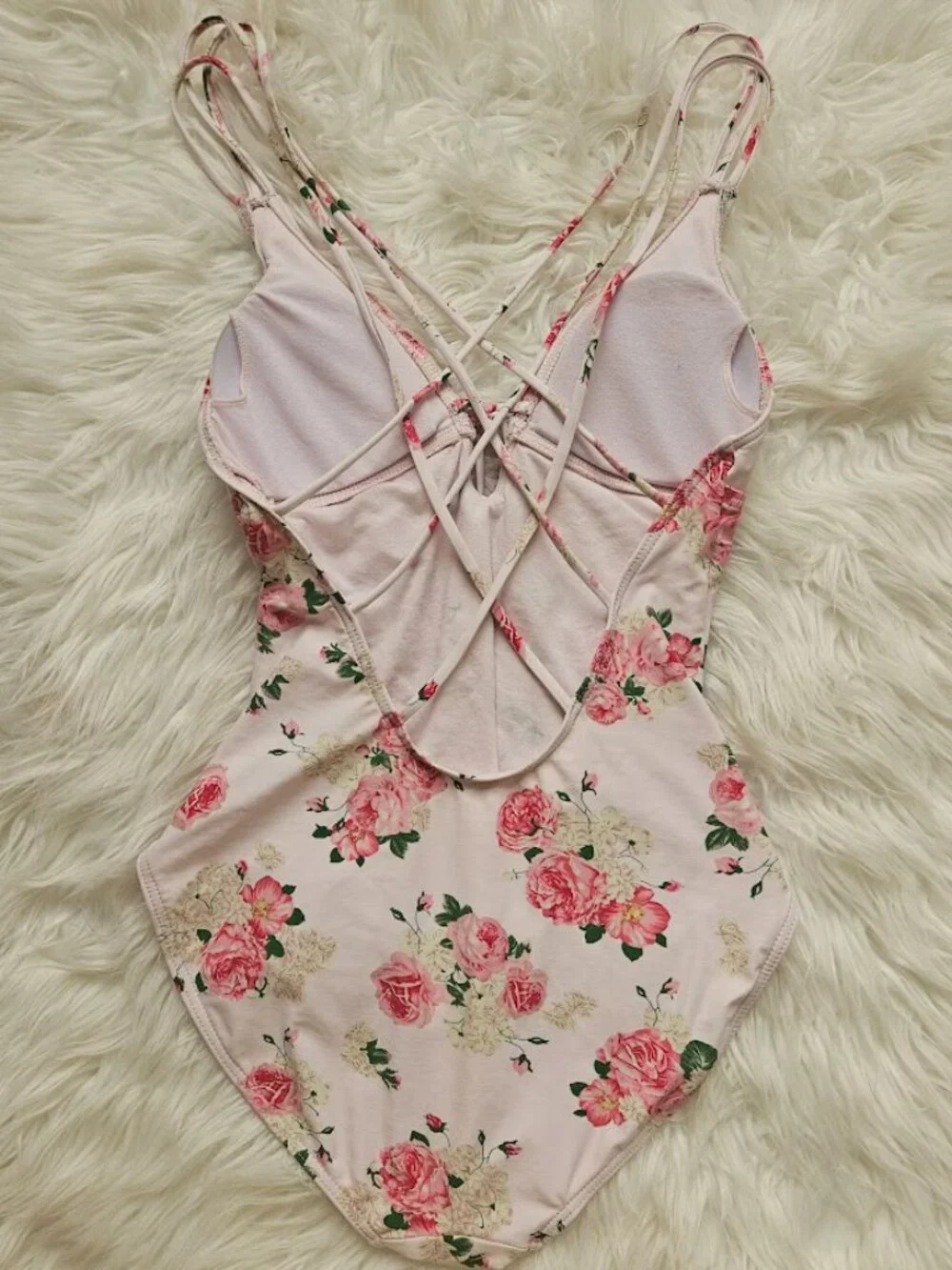 Pink Rose Printed Tassel Strappy Low Back Floral One Piece Swimsuit Small Kawaii